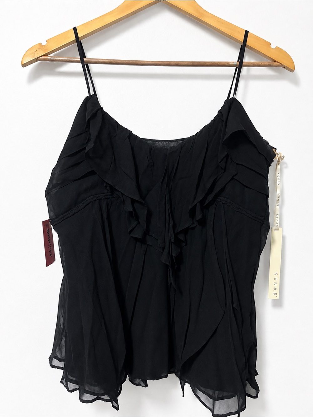 Kenar Black Ruffled Chiffon Spaghetti Strap Camisole 100% silk